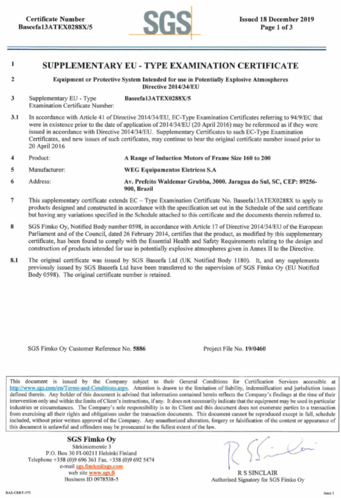Certificat BT ATEX W22X (SGS Fimko Oy – WEG)